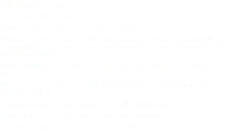 九級 Kukyu (9. Kyu) Gürtel: Grüner oder roter Gürtel. Abzeichen: Bujinkan-Emblem mit weißen Schriftzug, kein Stern. Kenntnisse: Rechtliche Aspekte der Selbstverteidigung (Notwehr, Nothilfe, Verhältnismäßigkeit); Grundbegriffe / Verhalten: Dojo Rei, auf japanisch von 1 bis 10 zählen, Obi (Gürtel) binden, „Yamme“; Junan Taiso (Aufwärmen). Rollen: Rolltechniken auf weichem Untergrund: Zempo Kaiten, Sokuho Kaiten und Koho Kaiten; Yoko Nagare. Kata: Kamae no Kata; Ichimonji Kata (Kihon Happo 1); Hicho Kata (Kihon Happo 2); Omote Gyaku Kata (Kihon Happo 4). Verteidigung: Jodan Uke (Block nach oben); Gedan Uke (Block nach unten). Schlagtechniken: Fudo ken (Geschlossene Faust); Shuto (Handkante). Trittechniken: Zempo Geri (Vorwärtsstampftritt); Sokuho Geri (Seitwärtsstampftritt). 
